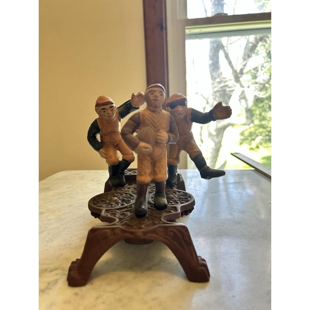 Cast Iron Bank Rugby Football 3 Players Reproduction